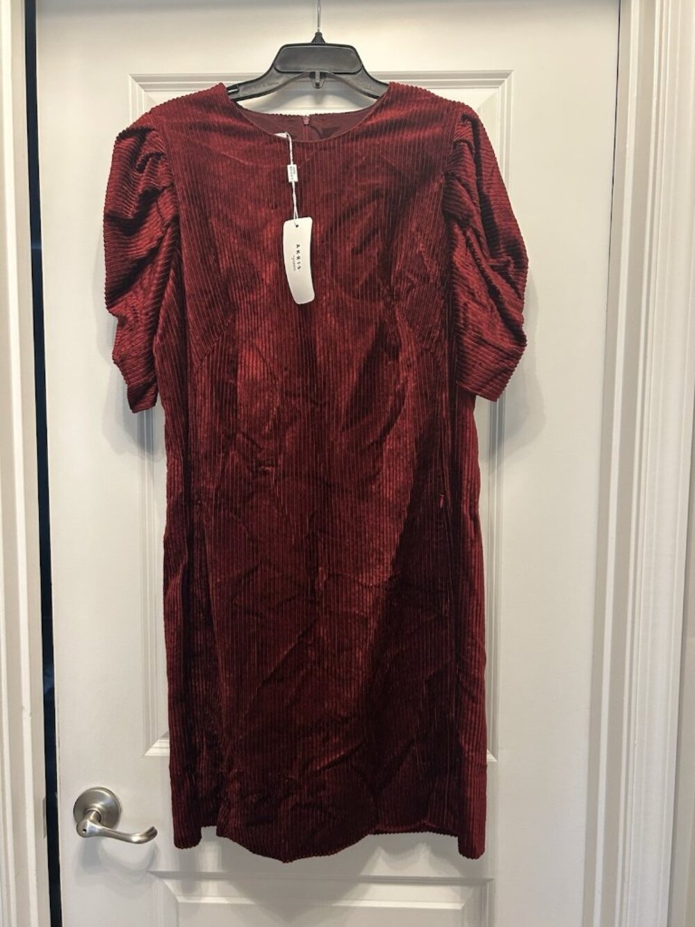 Akris Punto Red Corduroy Puff Sleeve Dress Womens 12 NWT Holiday $1290 Valentine - Picture 3 of 15